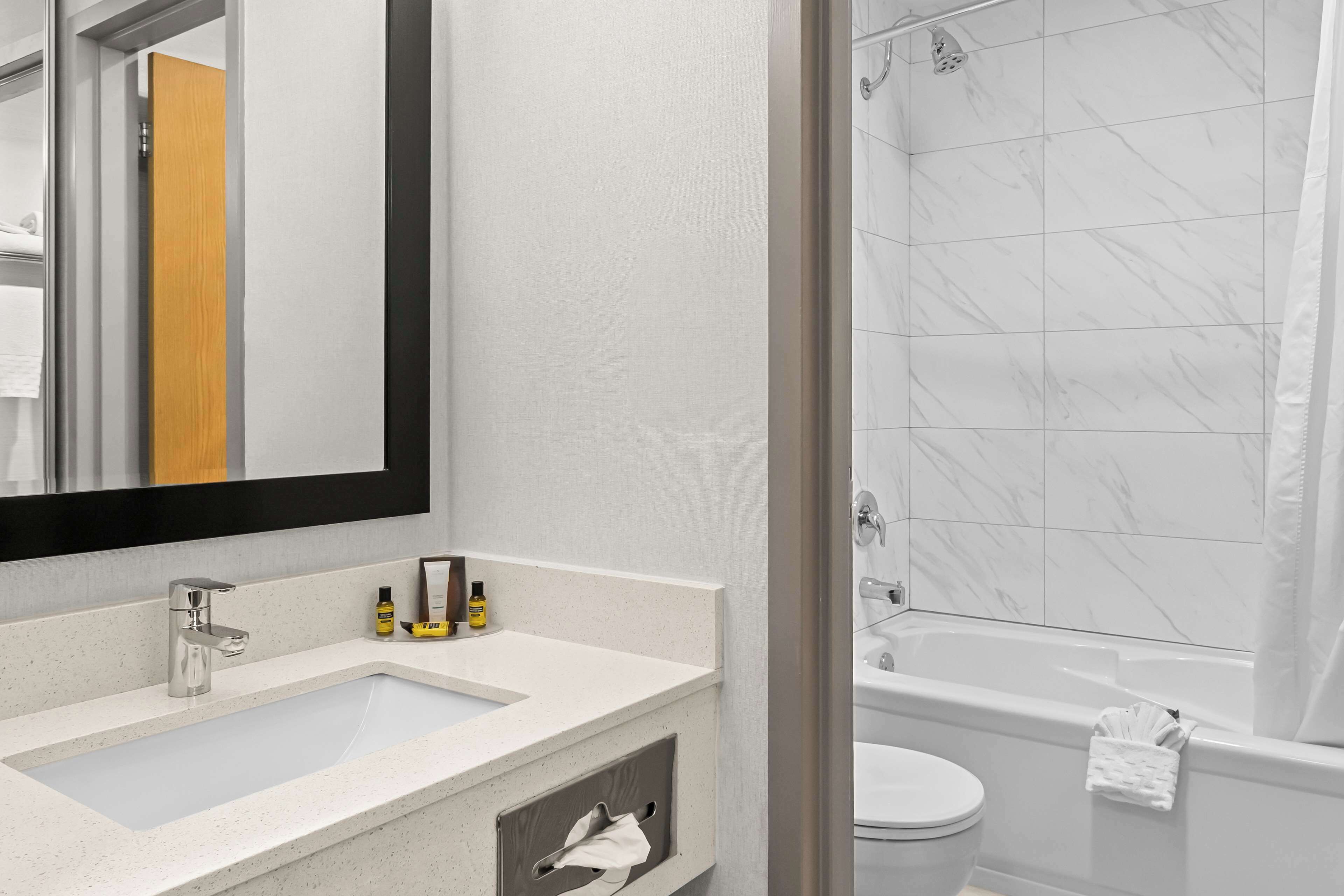 designer toiletries, hair dryer, towels