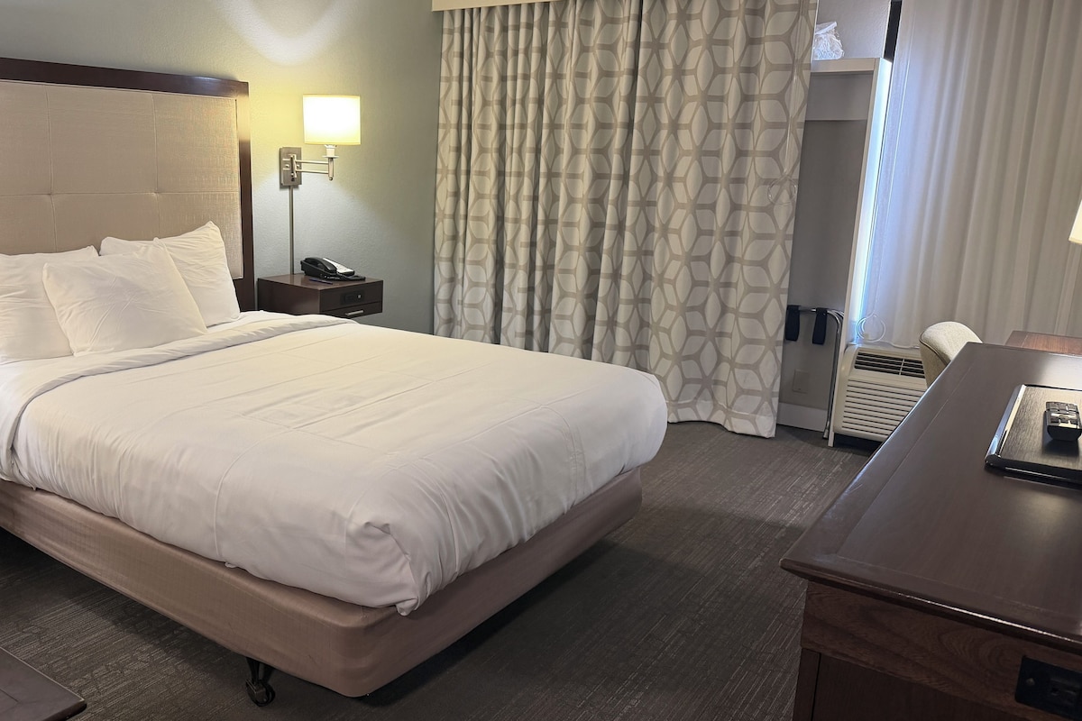A hotel room with a large bed, a bedside table with a lamp, a desk with a remote control, and a window with curtains.