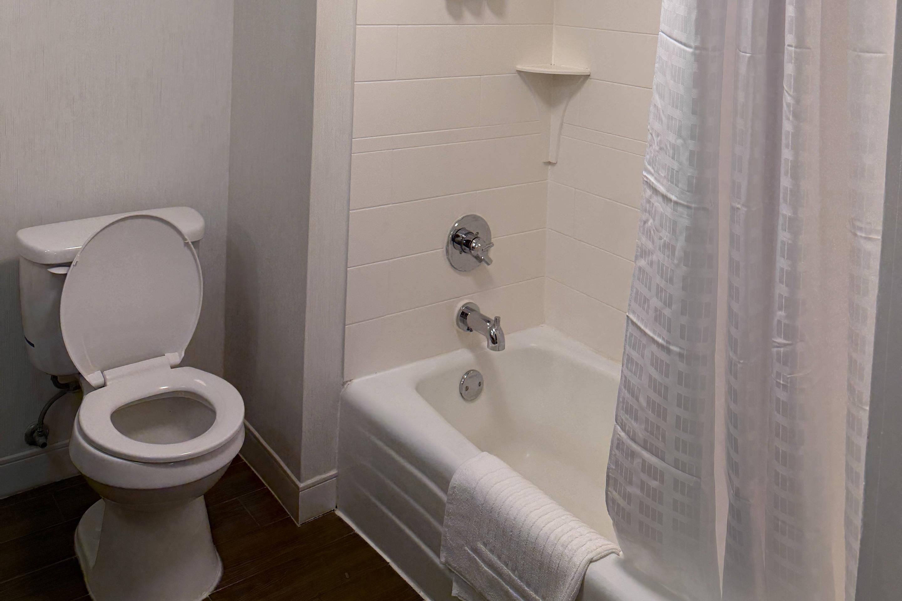 A bathroom with a toilet, a bathtub, and a shower curtain.