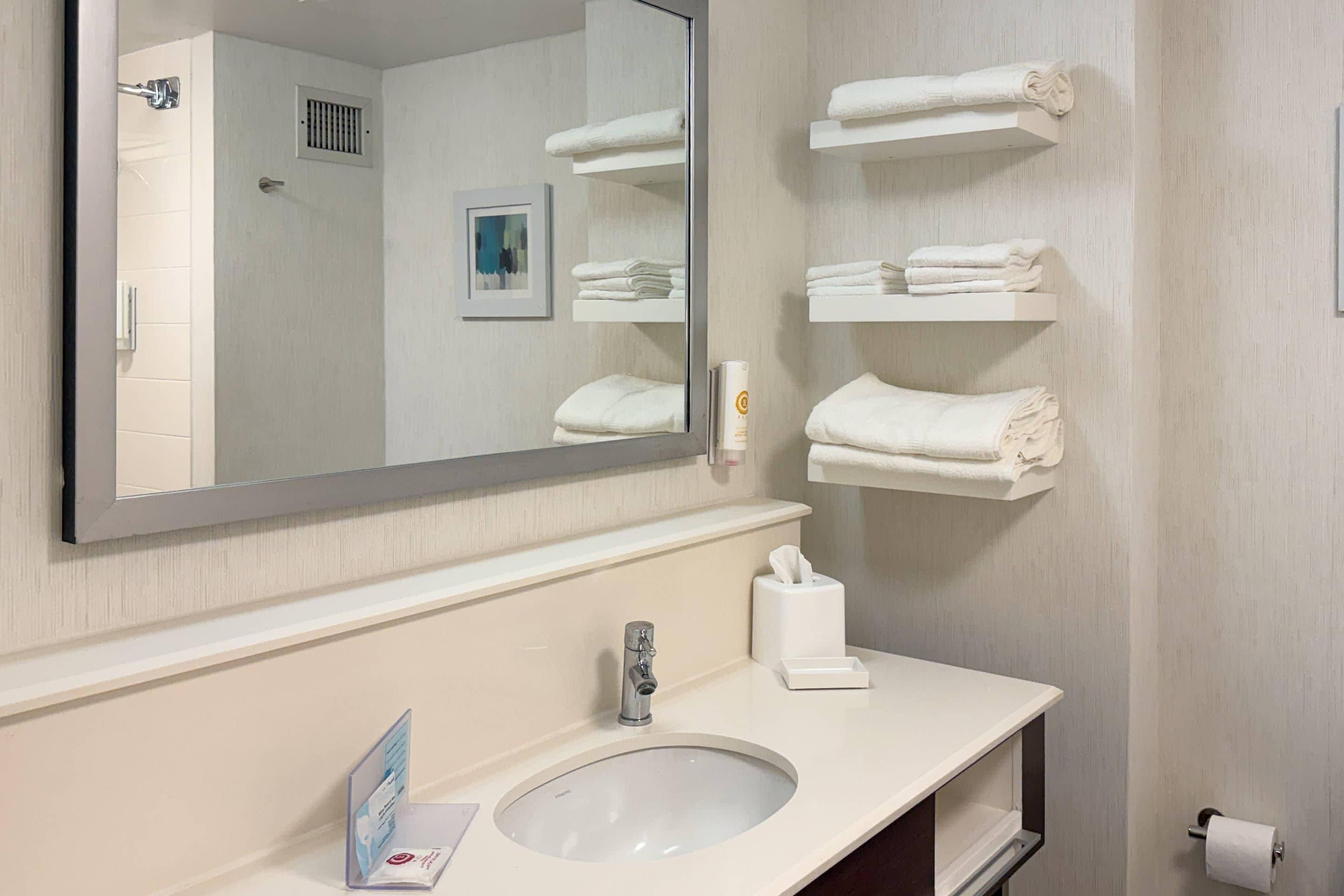Un baño con un espejo grande, un lavabo, un perchero para toallas y un dispensador de papel higiénico.
