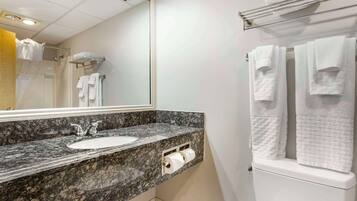 Standard Room, 2 Queen Beds, Non Smoking, Refrigerator & Microwave | Bathroom | Combined shower/tub, hair dryer, towels