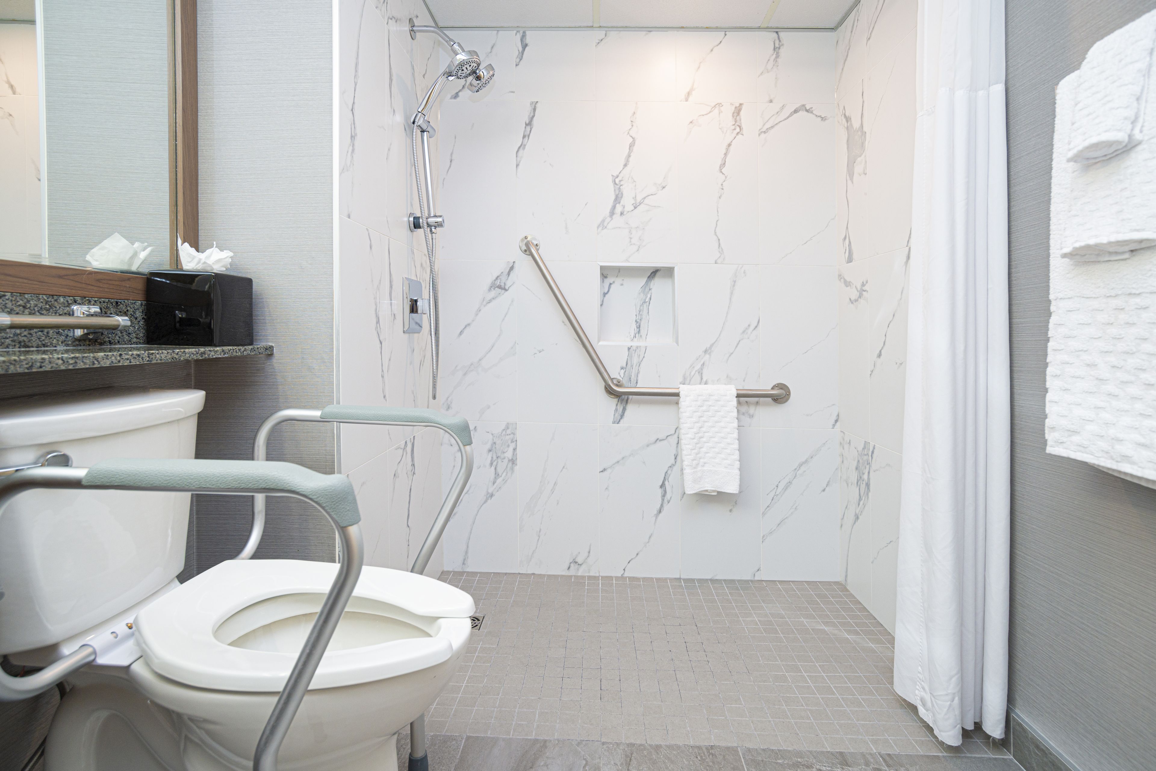 Ein modernes Badezimmer mit Dusche, Toilette und Haltestangen.