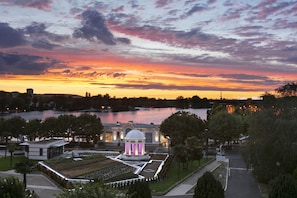 Stunning city views of the Cushing Theatre, situated near a serene body of water.