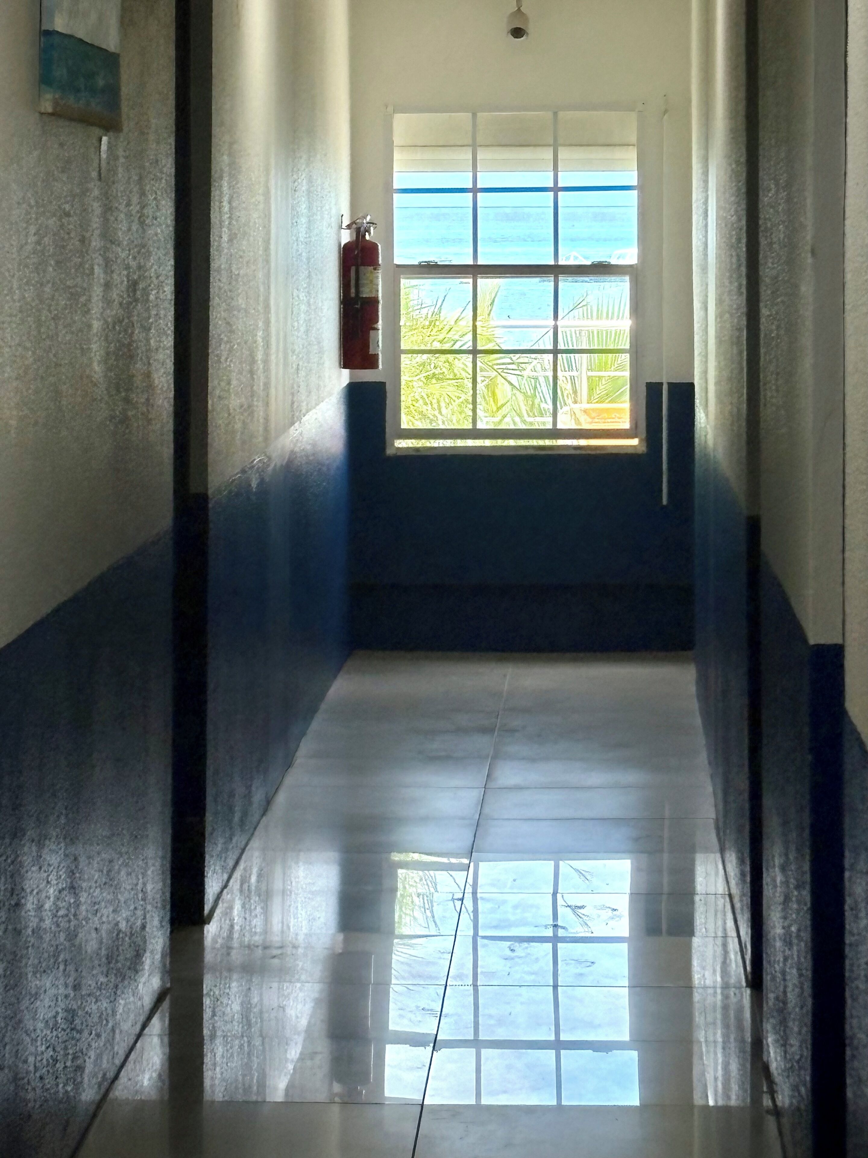 A hallway with a fire extinguisher mounted on the wall, a window with a view of palm trees, and a tiled floor.