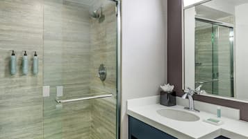 A modern bathroom with a glass shower enclosure, a white sink, and a large mirror.