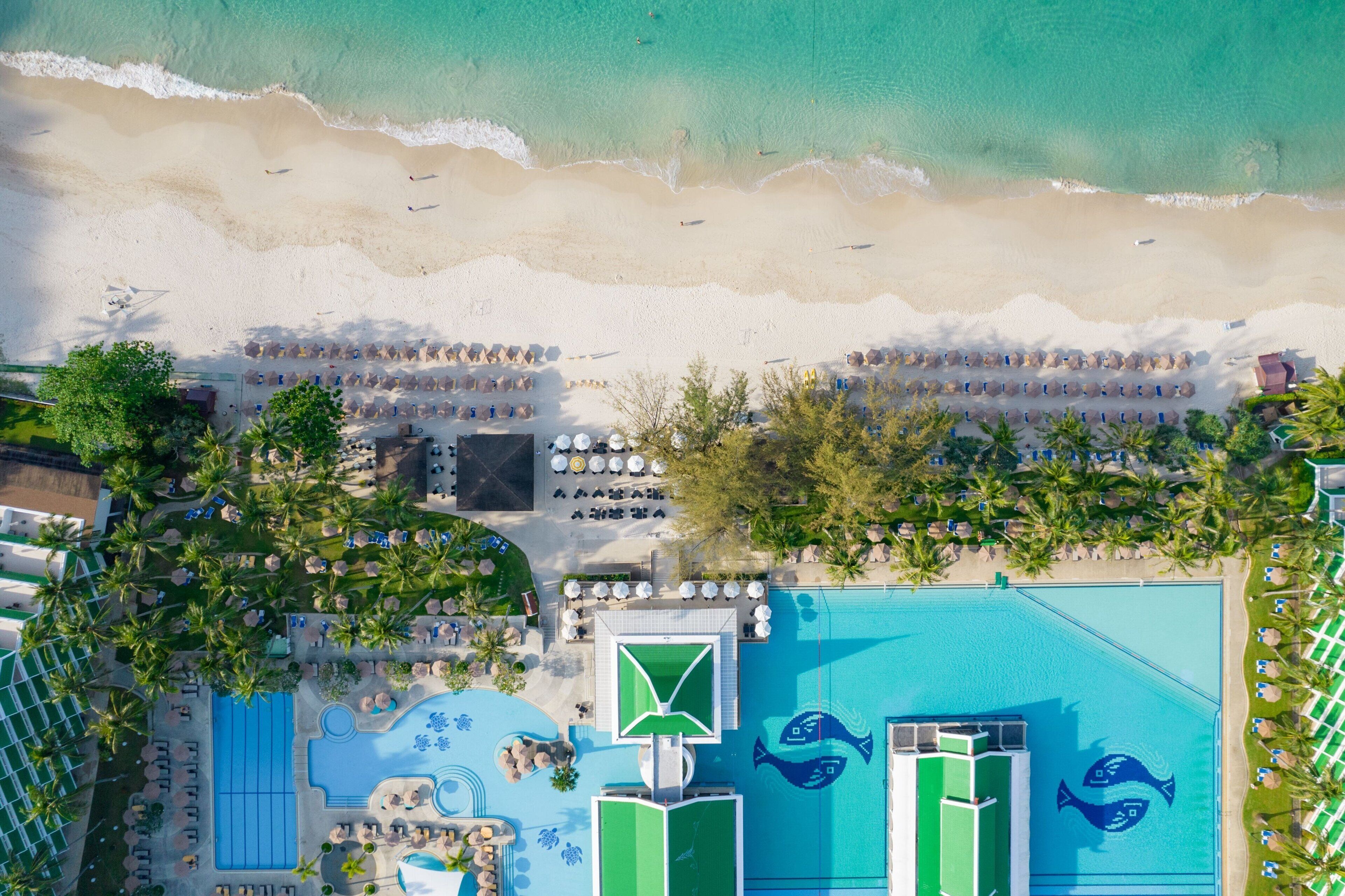 An aerial view of a resort with a swimming pool, beach, and palm trees.