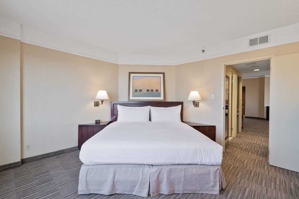 A hotel room with a large bed, two bedside tables with lamps, a framed picture on the wall, and a carpeted floor.