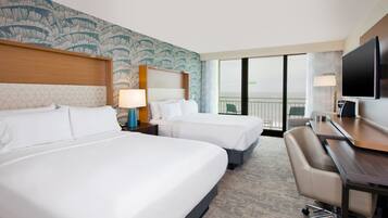 Desk, laptop workspace, blackout drapes, iron/ironing board