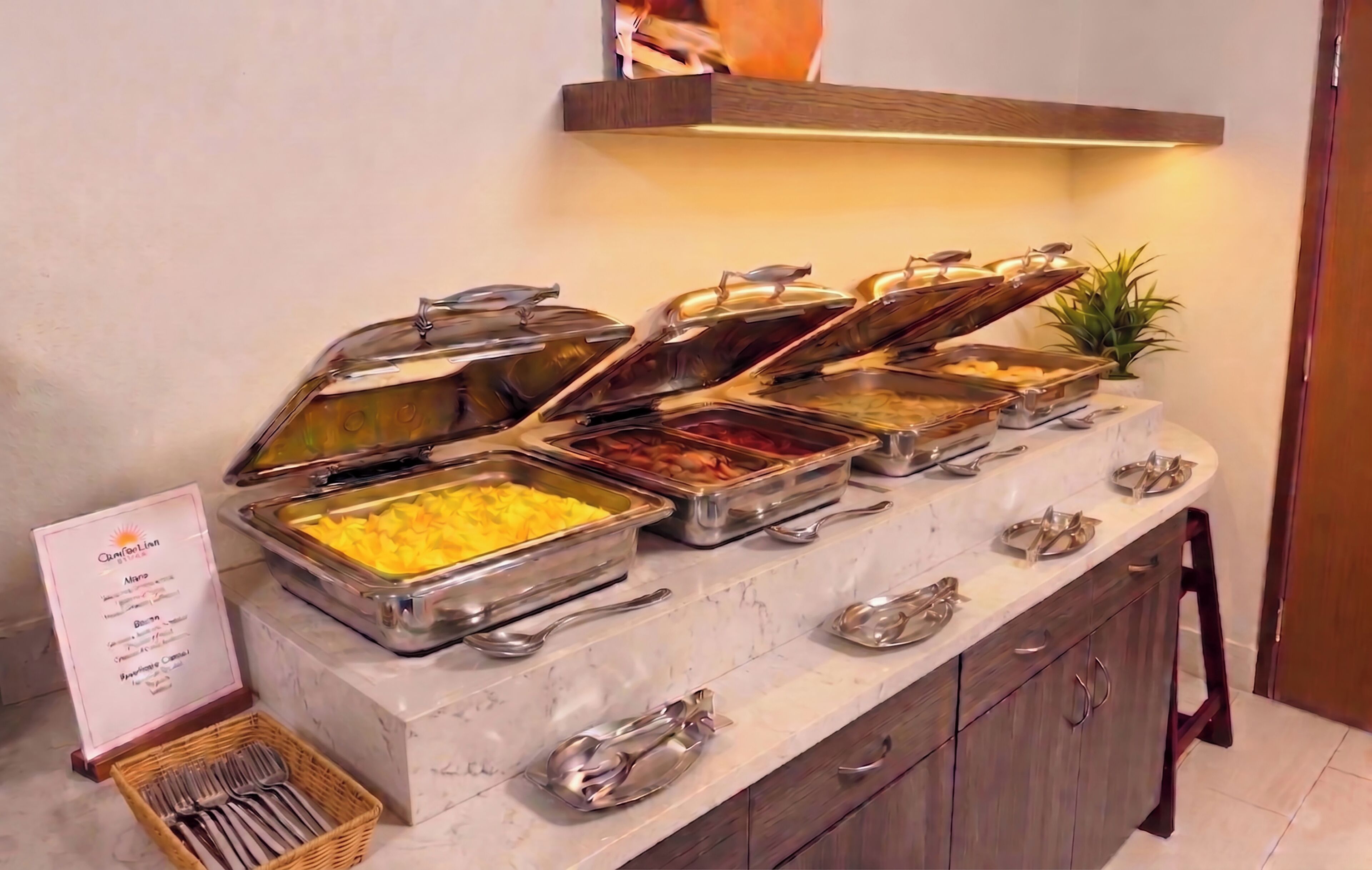 A buffet with various food items and utensils.