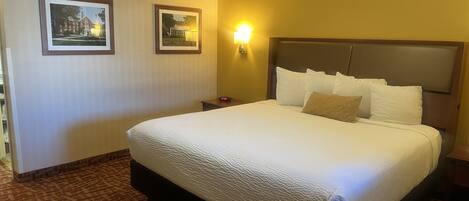 A hotel room with a large bed, two framed pictures on the wall, a nightstand with a lamp, and a patterned carpet.