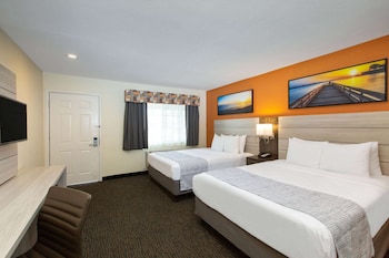 Standard Room, 2 Queen Beds | Desk, iron/ironing board, free cribs/infant beds, rollaway beds at Days Inn by Wyndham Monterey-Fishermans Wharf Aquarium