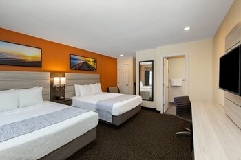 Standard Room, 2 Queen Beds | Desk, iron/ironing board, free cribs/infant beds, rollaway beds at Days Inn by Wyndham Monterey-Fishermans Wharf Aquarium