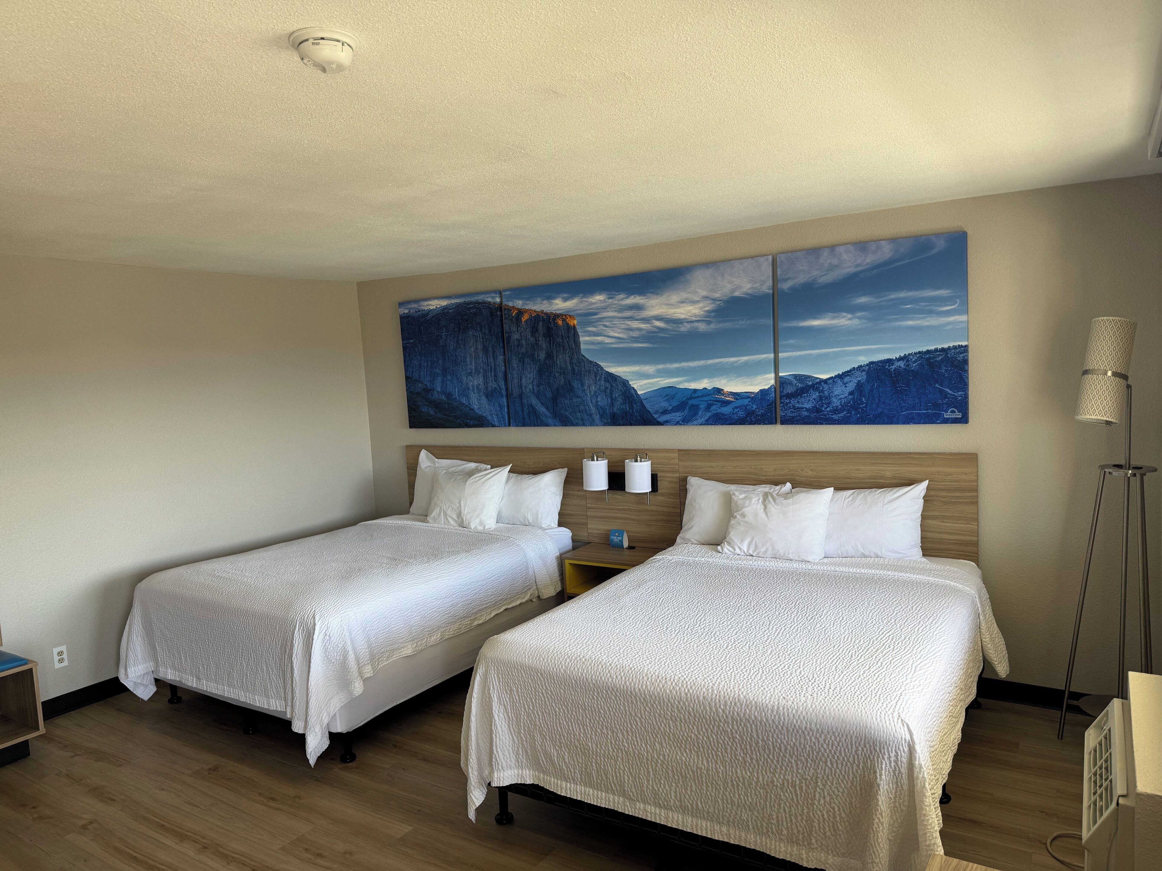 A hotel room with two beds, a large mountain landscape painting on the wall, a floor lamp, and a nightstand with a lamp.