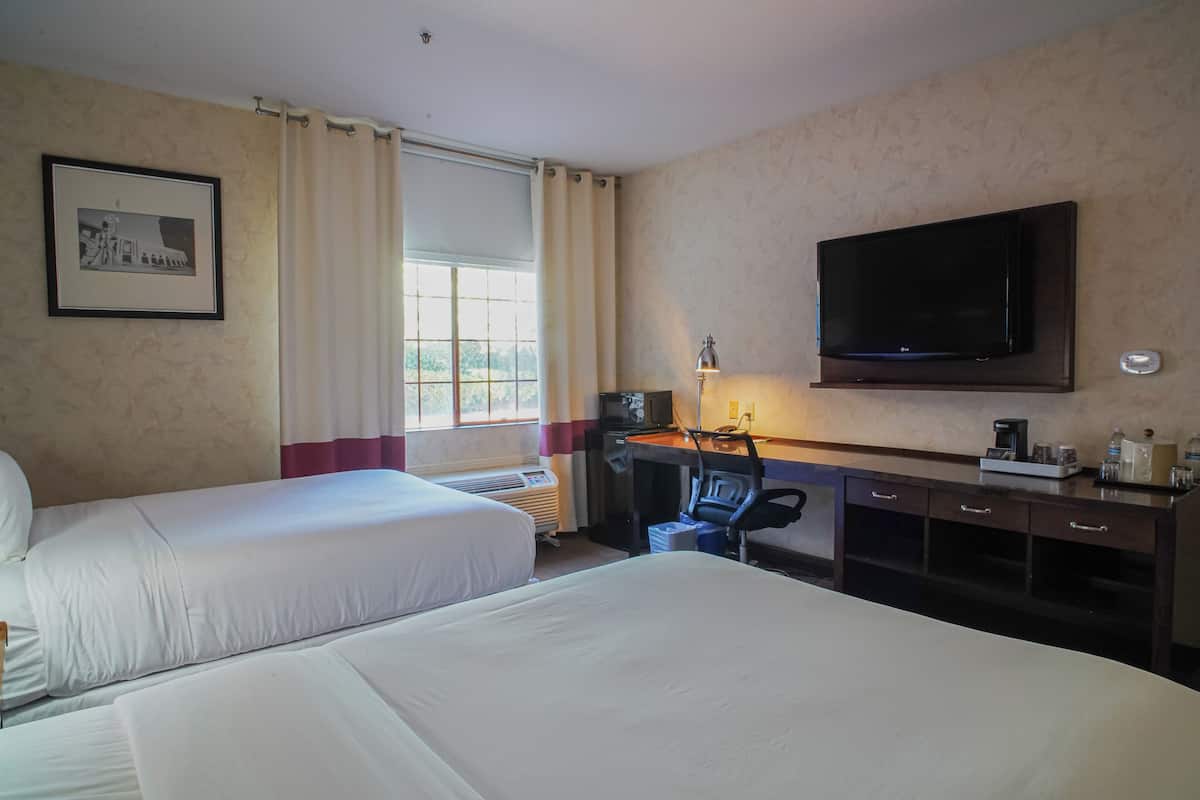 A hotel room with two beds, a desk, a chair, a TV, and a window with curtains.