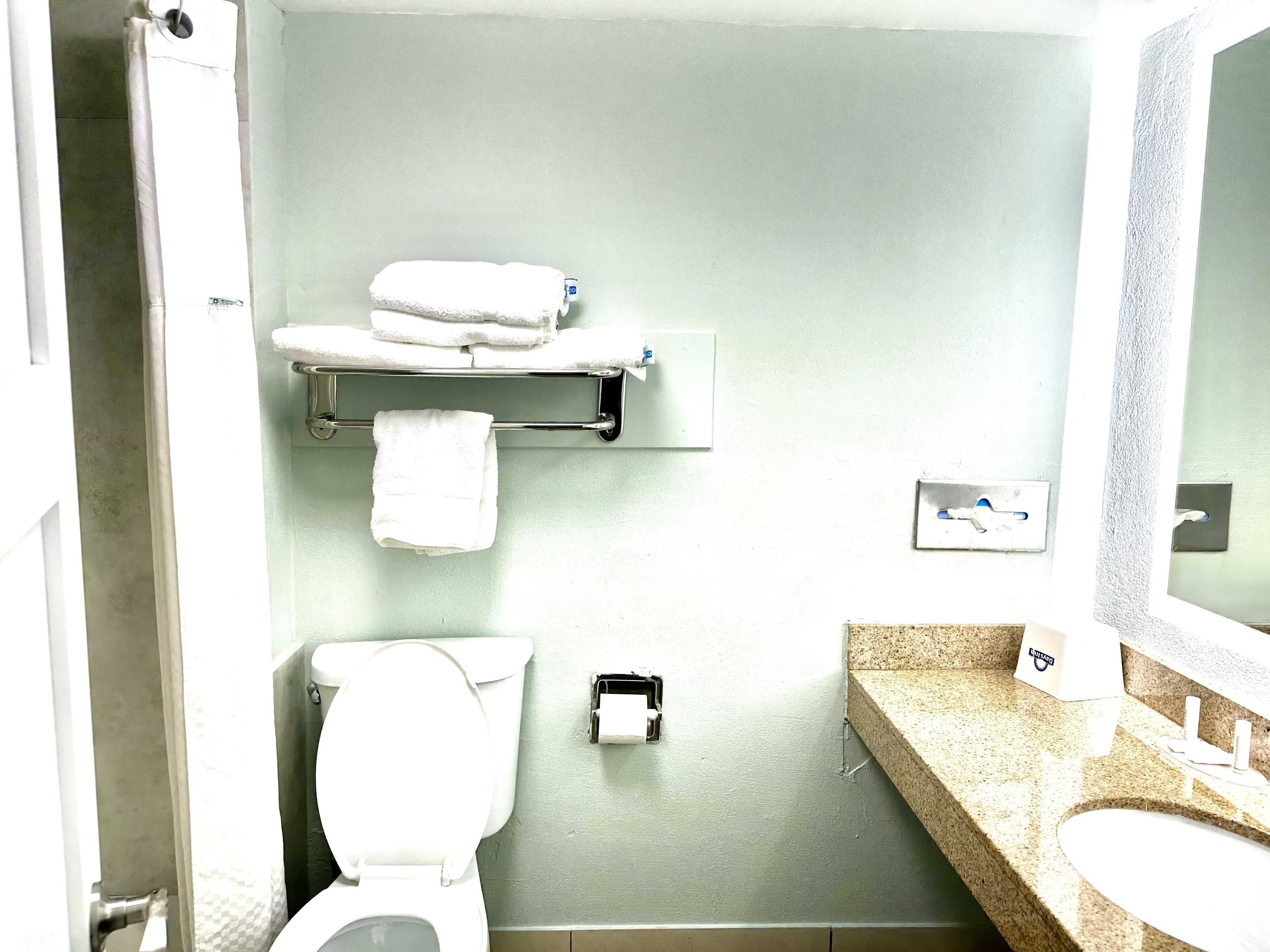 Un baño con inodoro, lavabo, toallero y espejo.