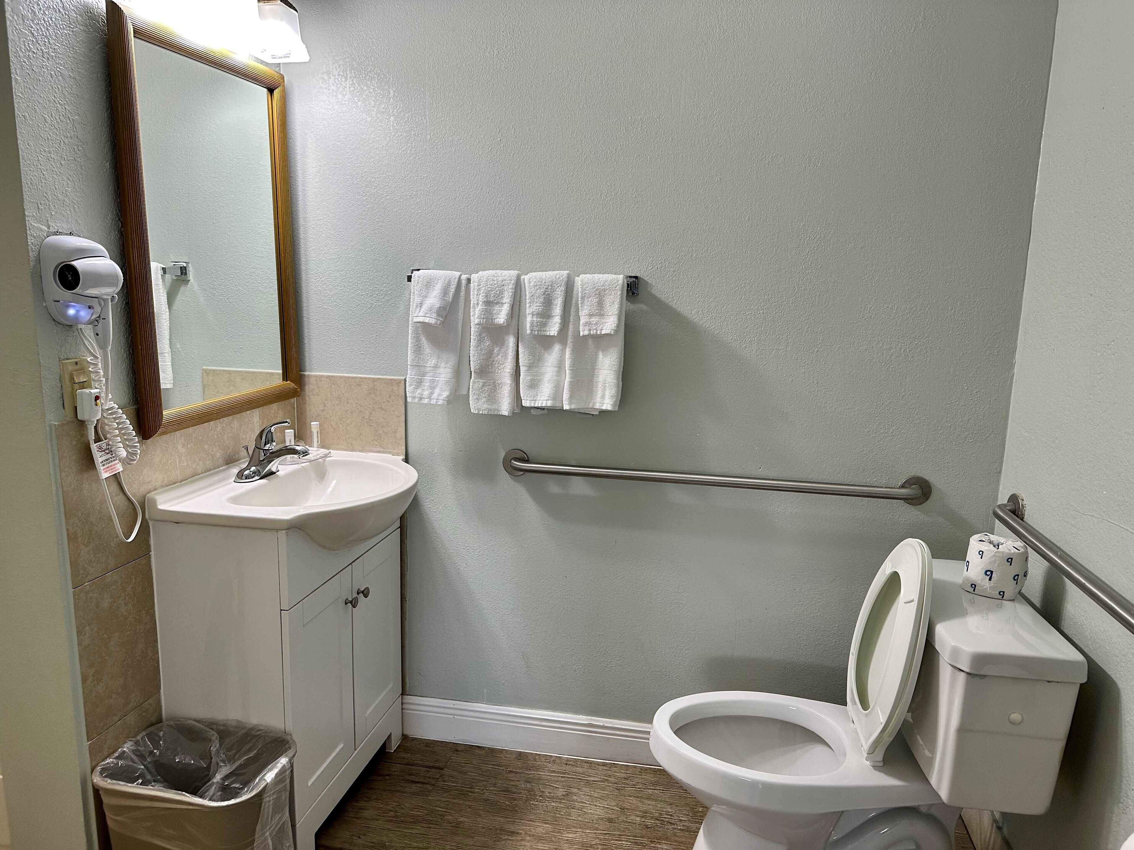 Une salle de bain équipée d’un lavabo, d’un miroir, d’un porte-serviettes, de toilettes et d’un sèche-mains.