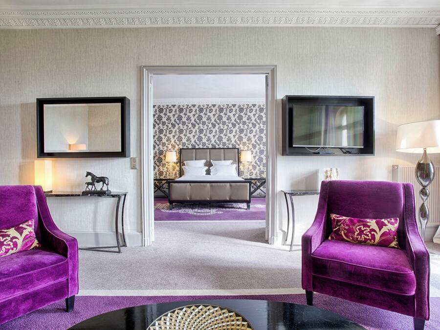 Une chambre d’hôtel avec un lit, deux fauteuils violets, une télévision et une lampe.