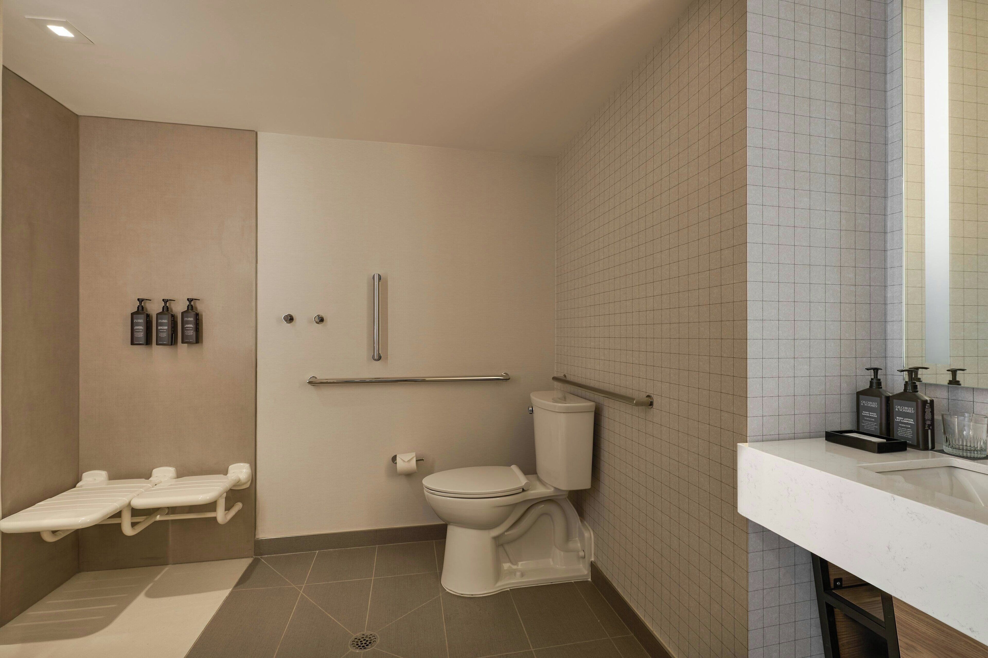A modern bathroom with a toilet, grab bars, a sink, and a mirror.