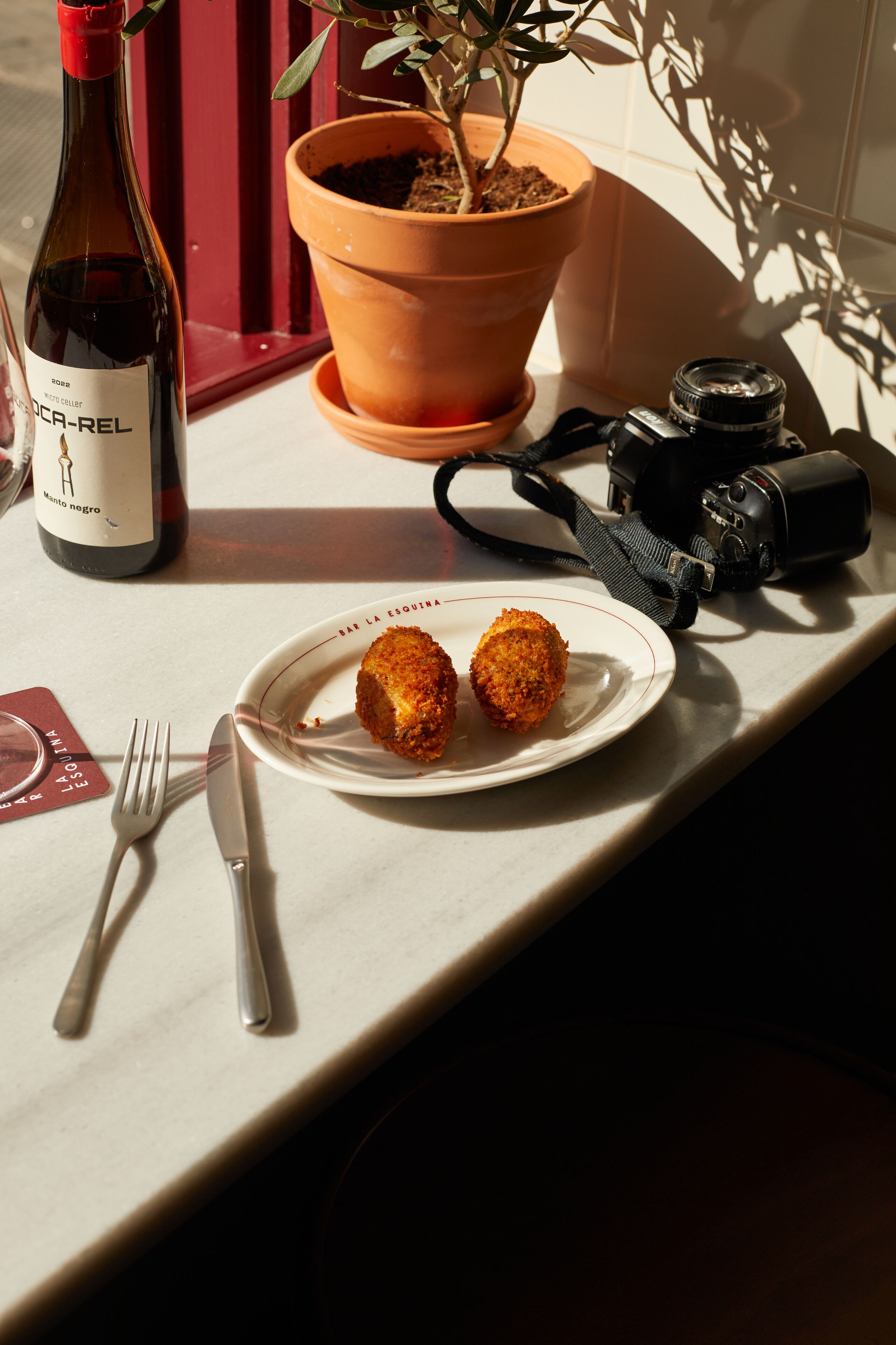 Une table à manger avec une bouteille de vin, un appareil photo, une assiette contenant deux plats et une plante en pot.