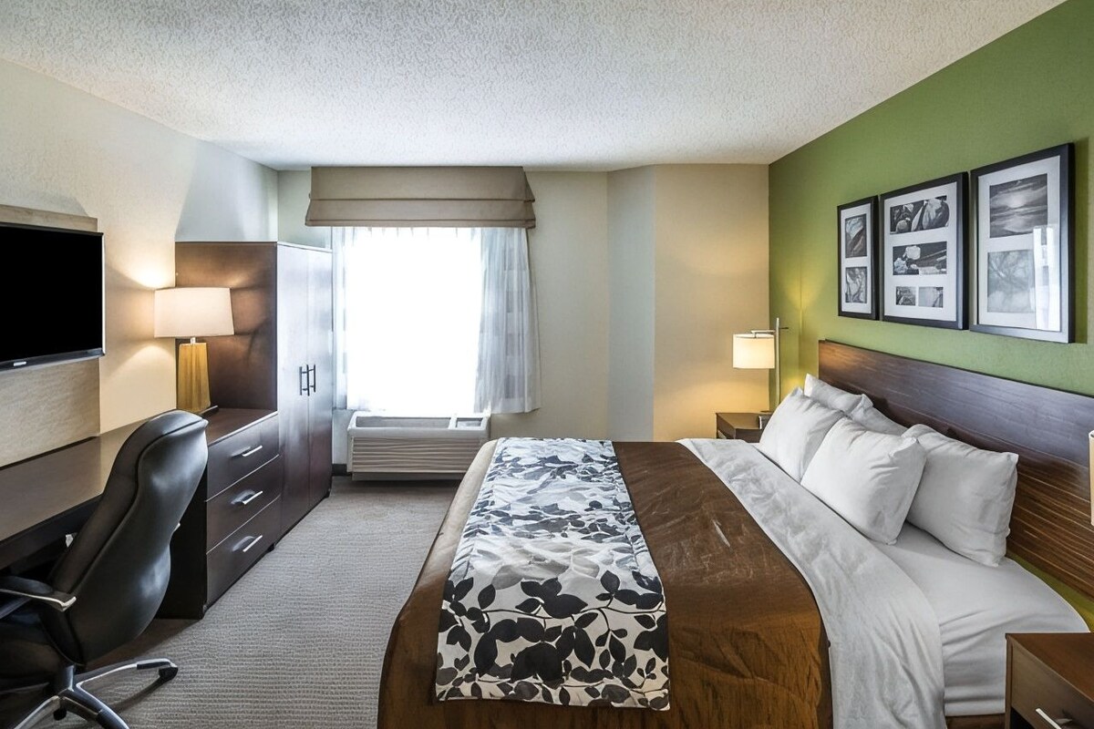 A hotel room with a bed, a desk, a chair, a television, and a window with curtains.