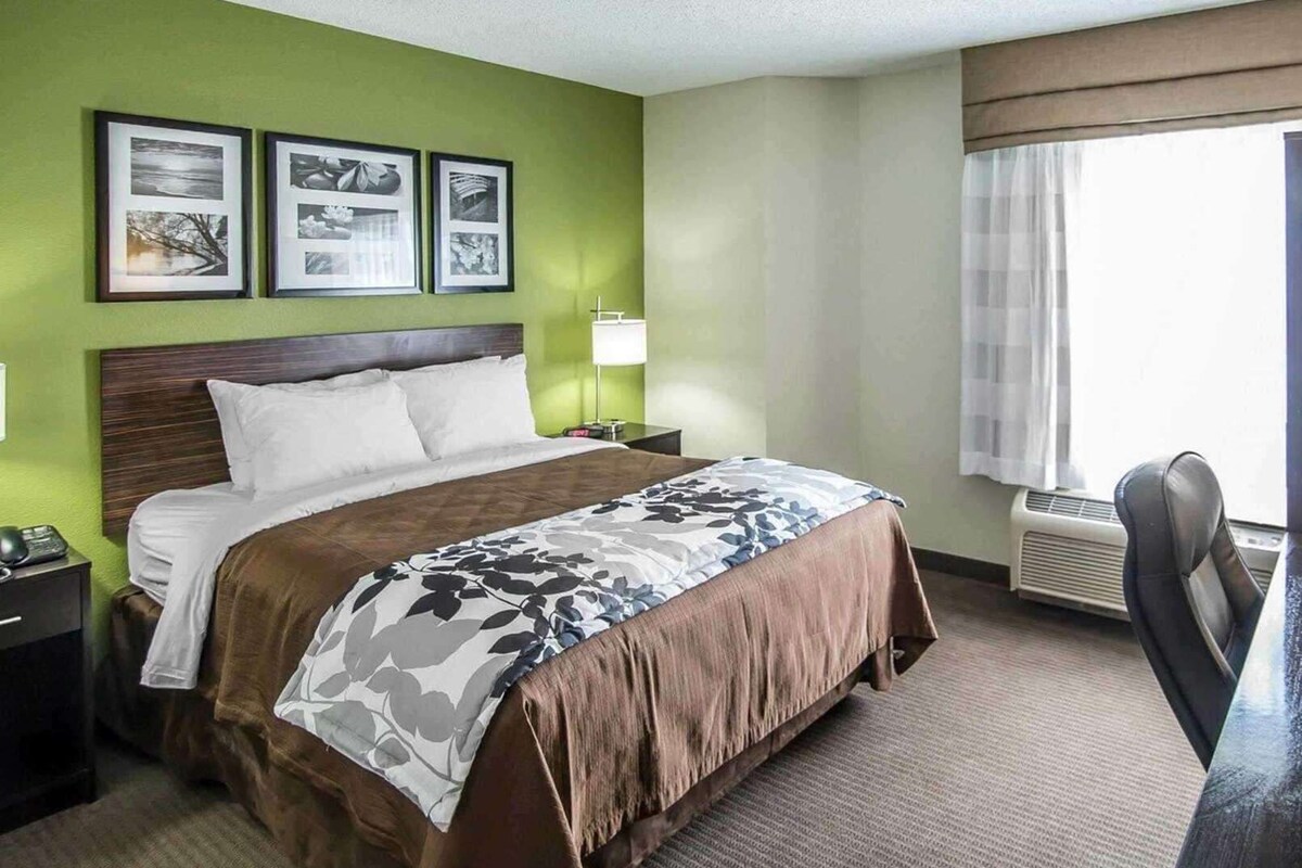 A hotel room with a bed, bedside table, lamp, and framed pictures on the wall.