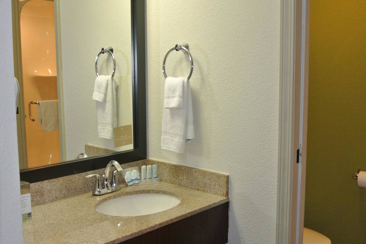 free toiletries, hair dryer, towels