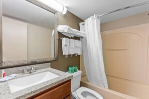 A bathroom with a sink, mirror, towel rack, toilet, and shower curtain.