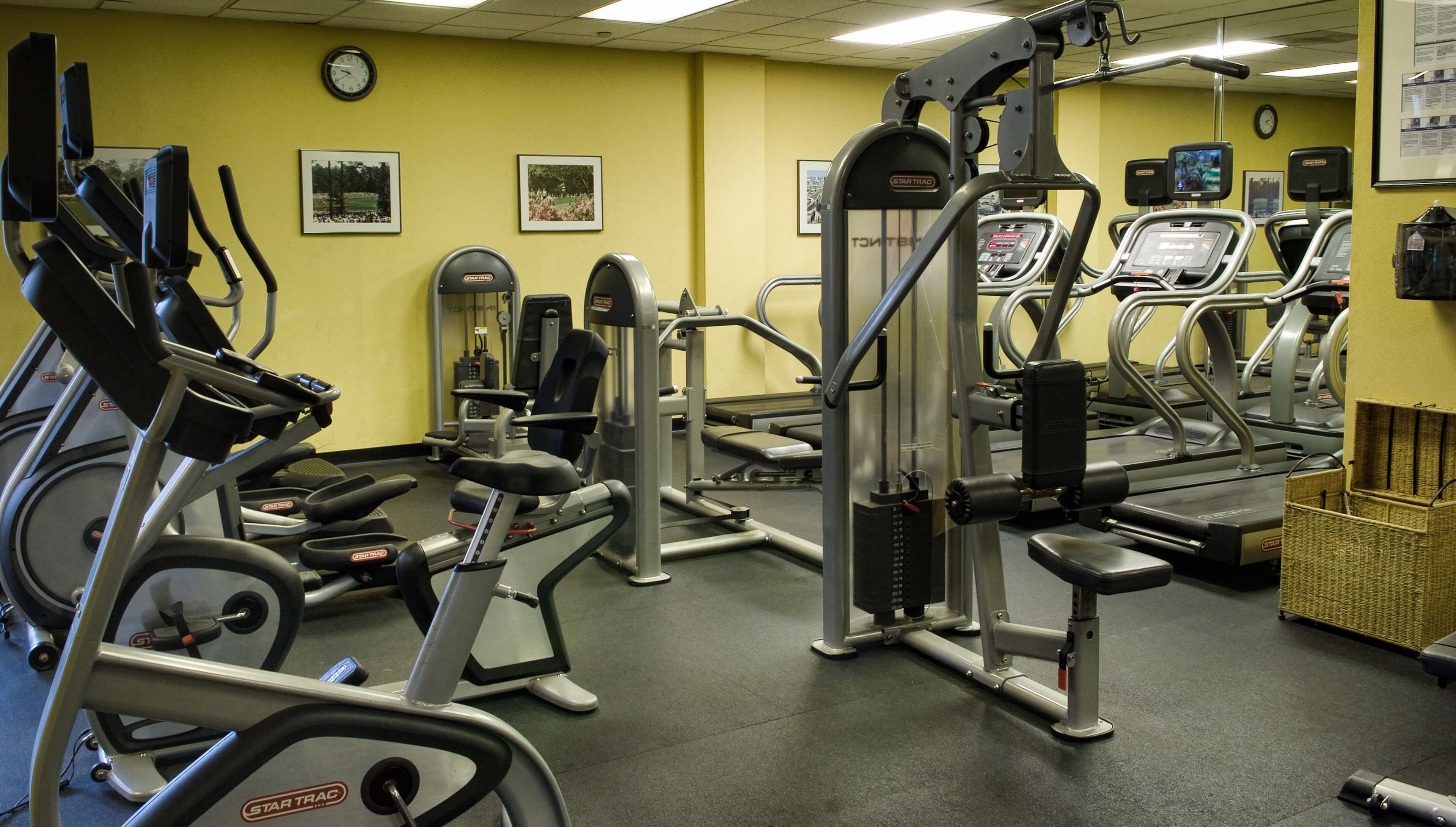 A gym with various exercise machines, including treadmills and weight stations, arranged in rows.