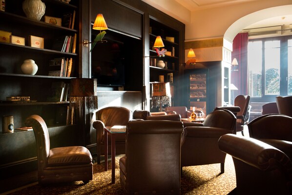 A cozy living room with leather armchairs, a bookshelf, and a television. - La Reserve Geneve Hotel and Spa (Bellevue)
