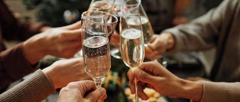 A group of people toasting with champagne glasses.