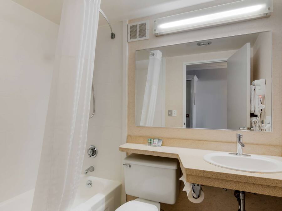 Ein Badezimmer mit Badewanne, Toilette, Waschbecken und einem großen Spiegel.