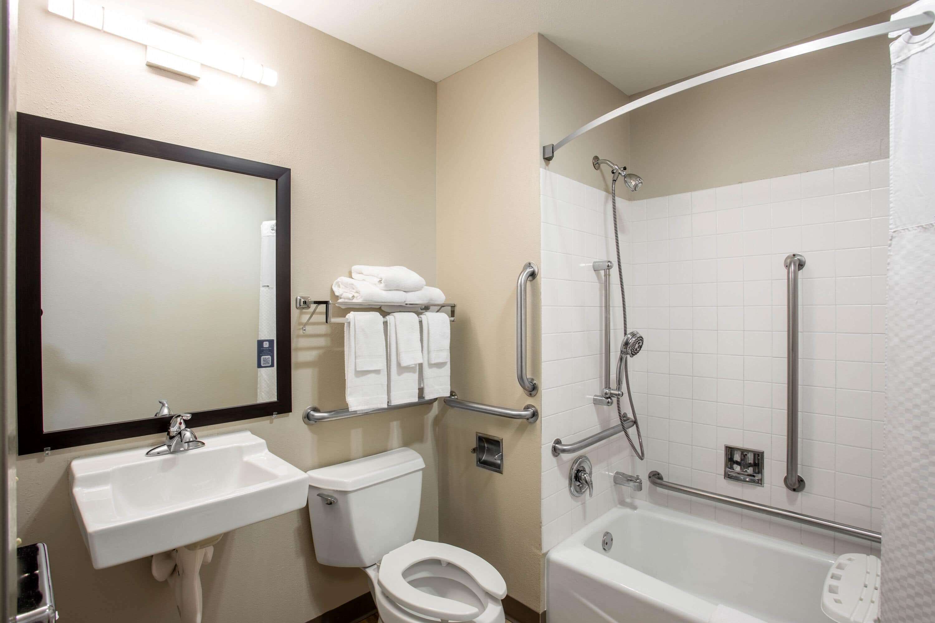 A bathroom with a sink, toilet, mirror, and a walk-in shower with grab bars.