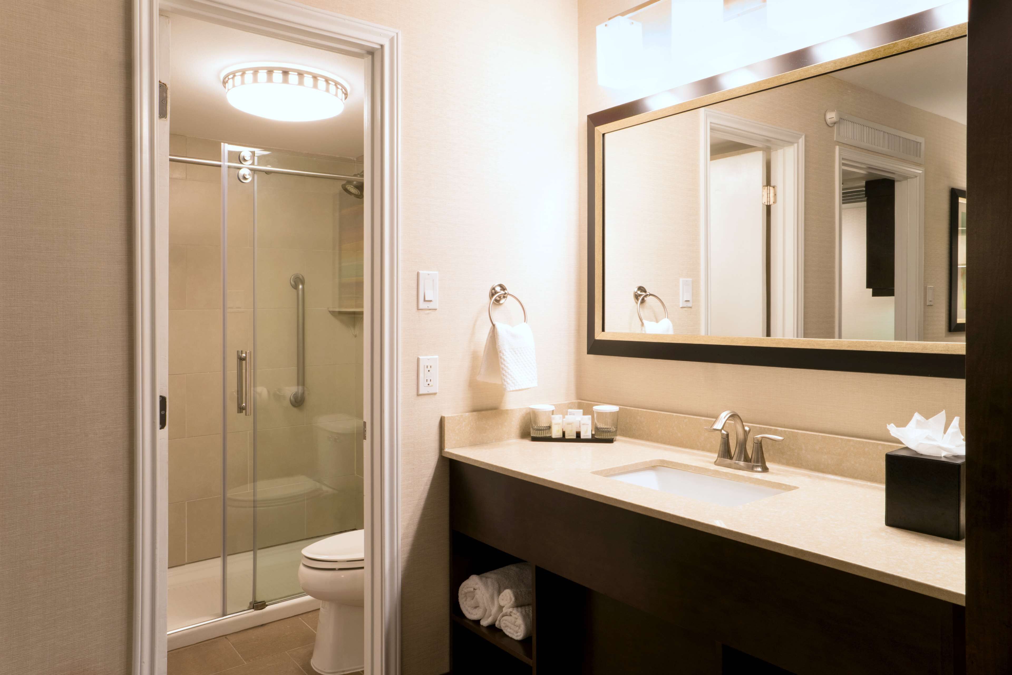 eco-friendly toiletries, hair dryer, towels