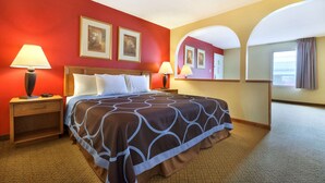Une chambre d’hôtel avec un grand lit, deux tables de chevet avec des lampes, un miroir et des tableaux encadrés au mur.