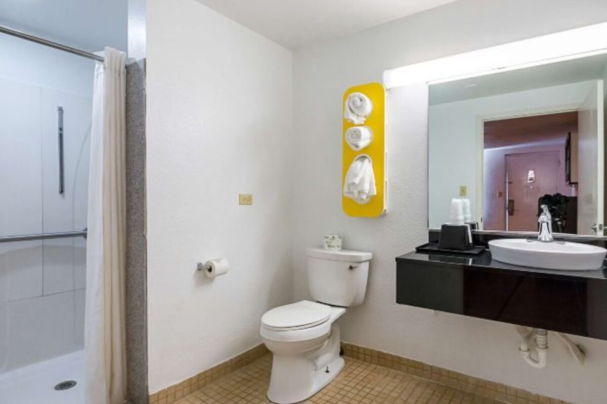 A bathroom with a white toilet, a black sink, and a mirror.