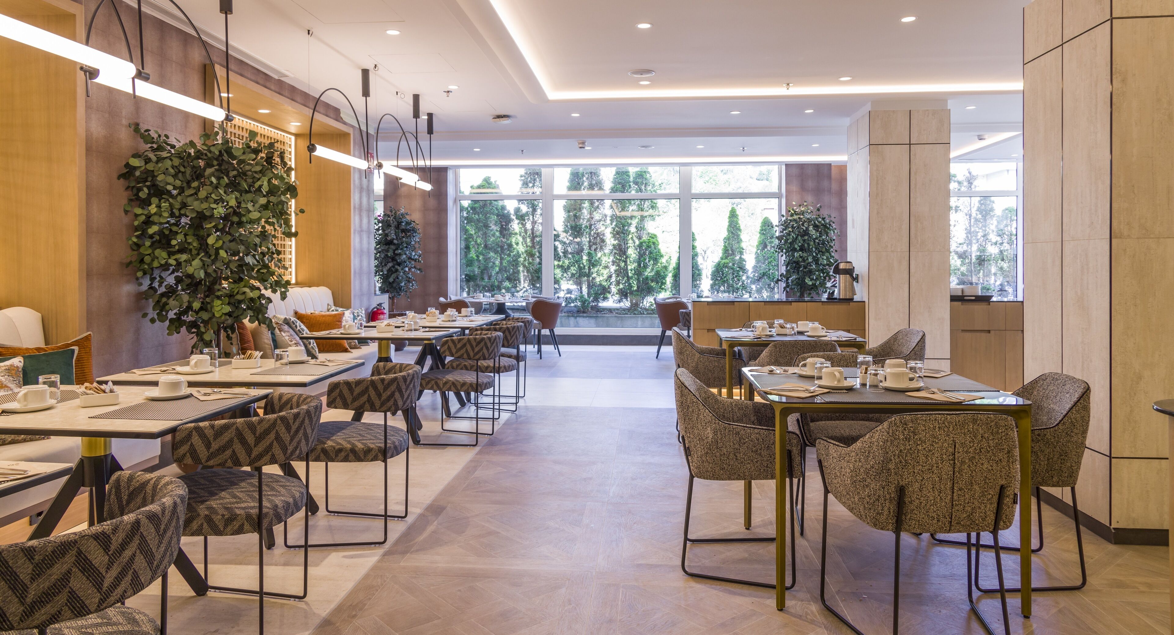 Un comedor moderno con varias mesas y sillas, ventanas amplias con vistas a árboles, y plantas de interior.