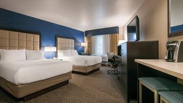 Premium bedding, pillowtop beds, desk, laptop workspace
