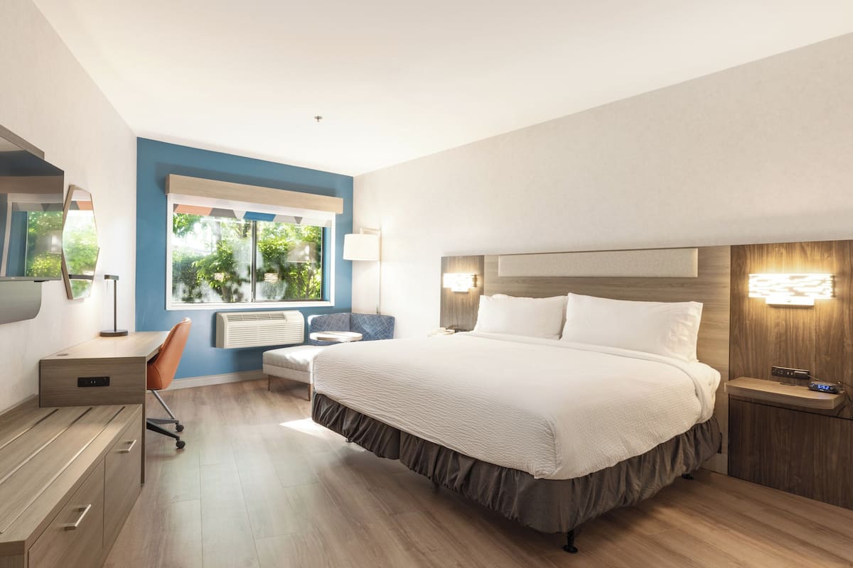 A modern hotel room with a large bed, a desk, a chair, a TV, and a window with a view of trees.