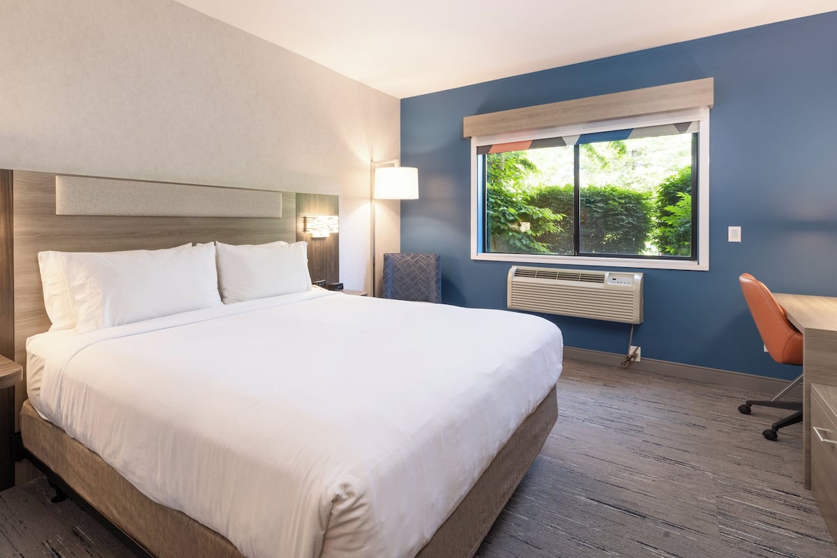A hotel room with a large bed, bedside tables, a desk with a chair, a window with a view of greenery, and an air conditioning unit.