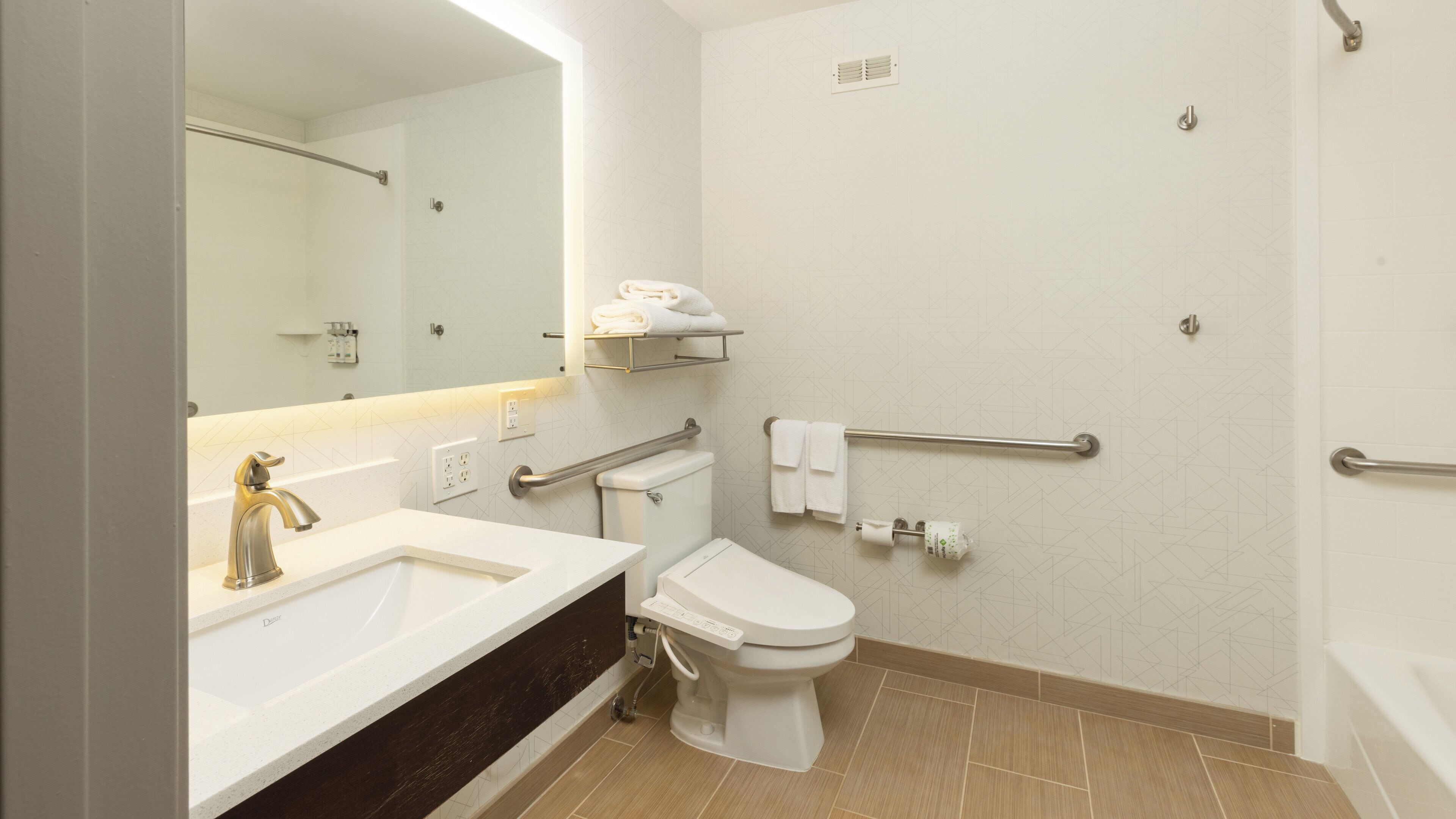 A modern bathroom with a sink, toilet, and shower. It includes a mirror, towel rack, and handrails.