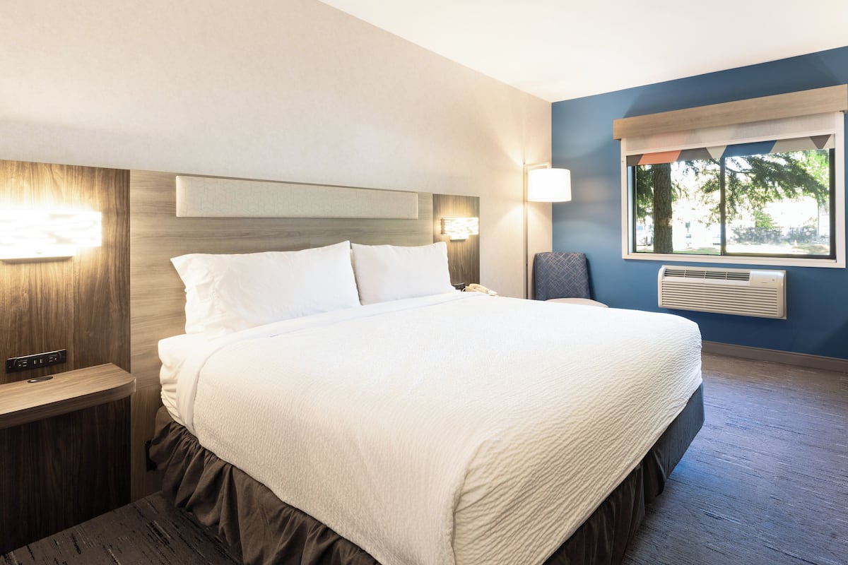 A modern hotel room with a large bed, a desk, a chair, and a window with a view of trees.