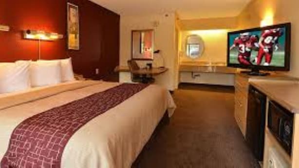 Una habitación de hotel con una cama grande, televisión y un escritorio con silla.