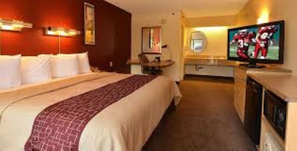 A hotel room with a large bed, a television, and a desk with a chair.