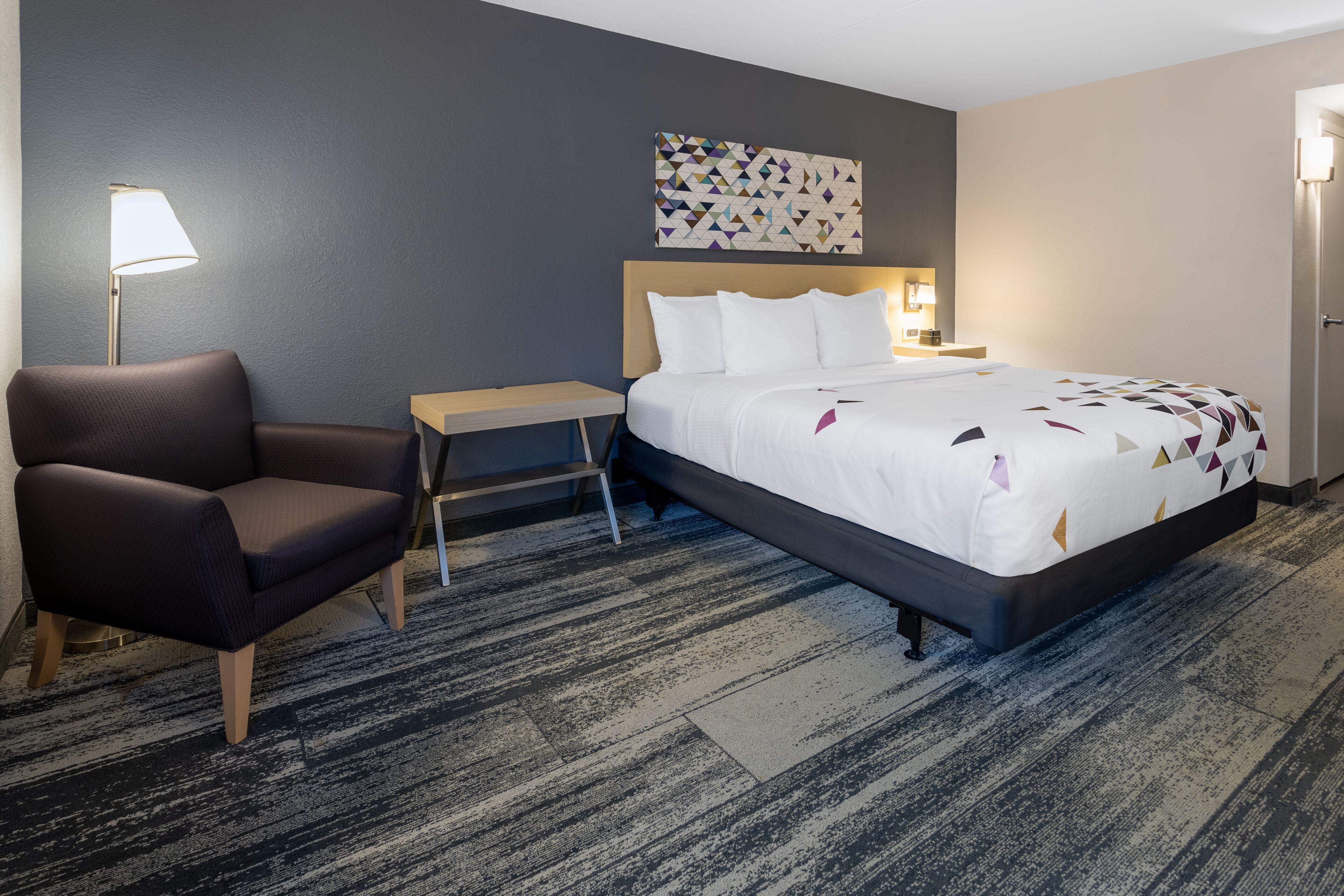 desk, laptop workspace, blackout curtains, iron/ironing board