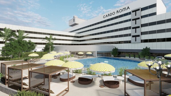 Seasonal outdoor pool, open 10:00 AM to 7:00 PM, free pool cabanas