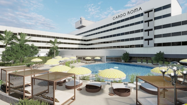 Seasonal outdoor pool, open 10:00 AM to 7:00 PM, free pool cabanas