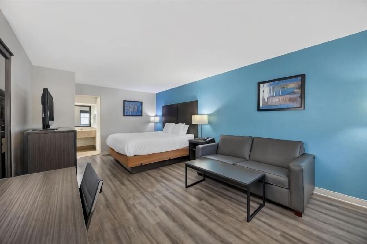 Une chambre d’hôtel avec un lit, un bureau, un canapé et une télévision.