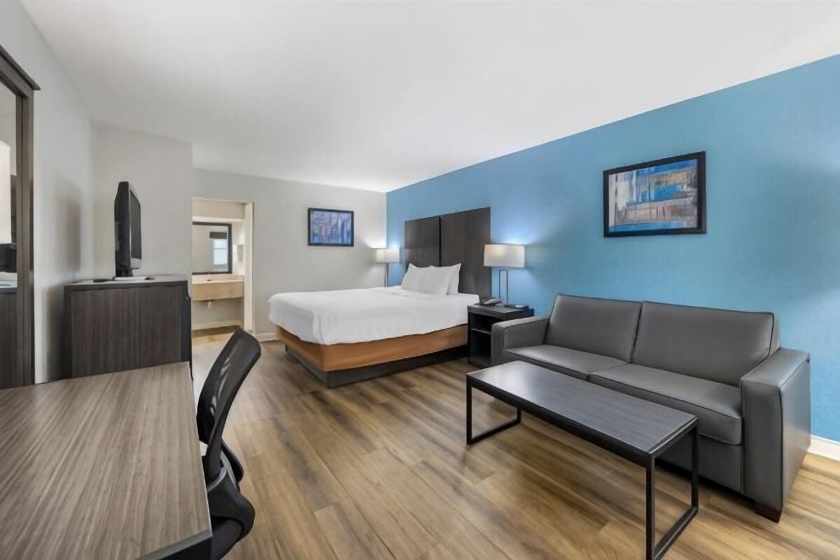 Une chambre d’hôtel avec un lit, un canapé, un bureau et une télévision.