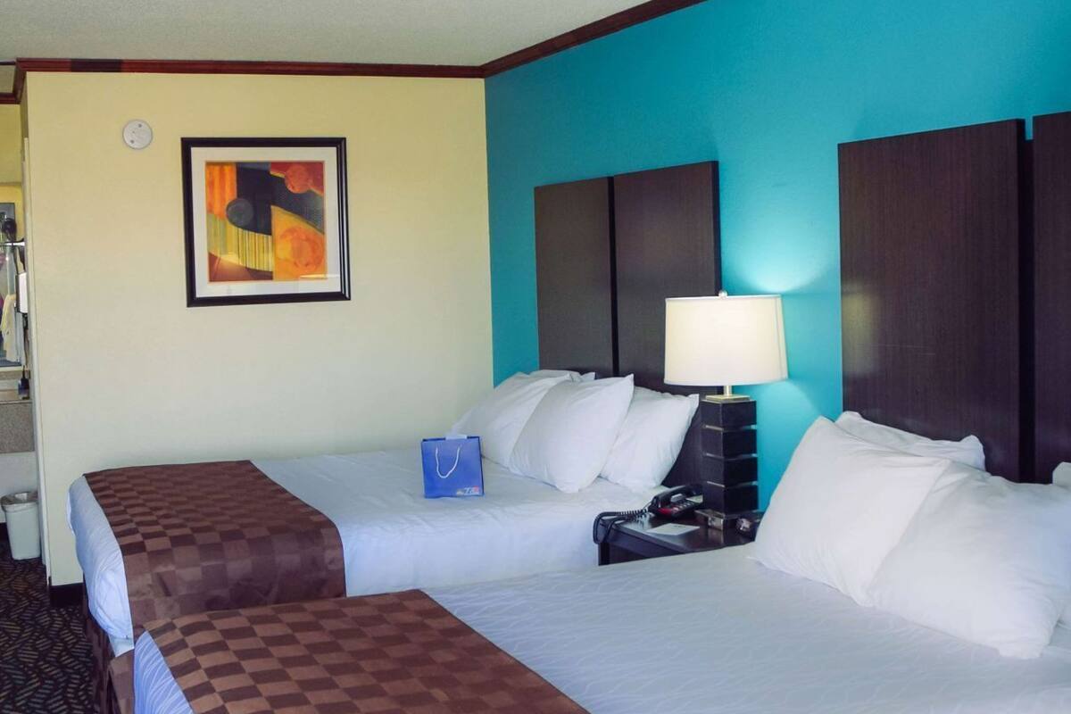Quarto de hotel com duas camas, uma mesa de cabeceira com abajur, um quadro na parede e um tapete estampado.