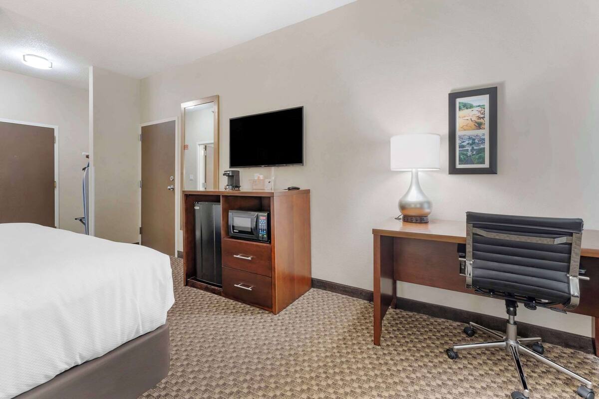 Habitación de hotel con cama, escritorio con silla, televisor, espejo, microondas y lámpara.